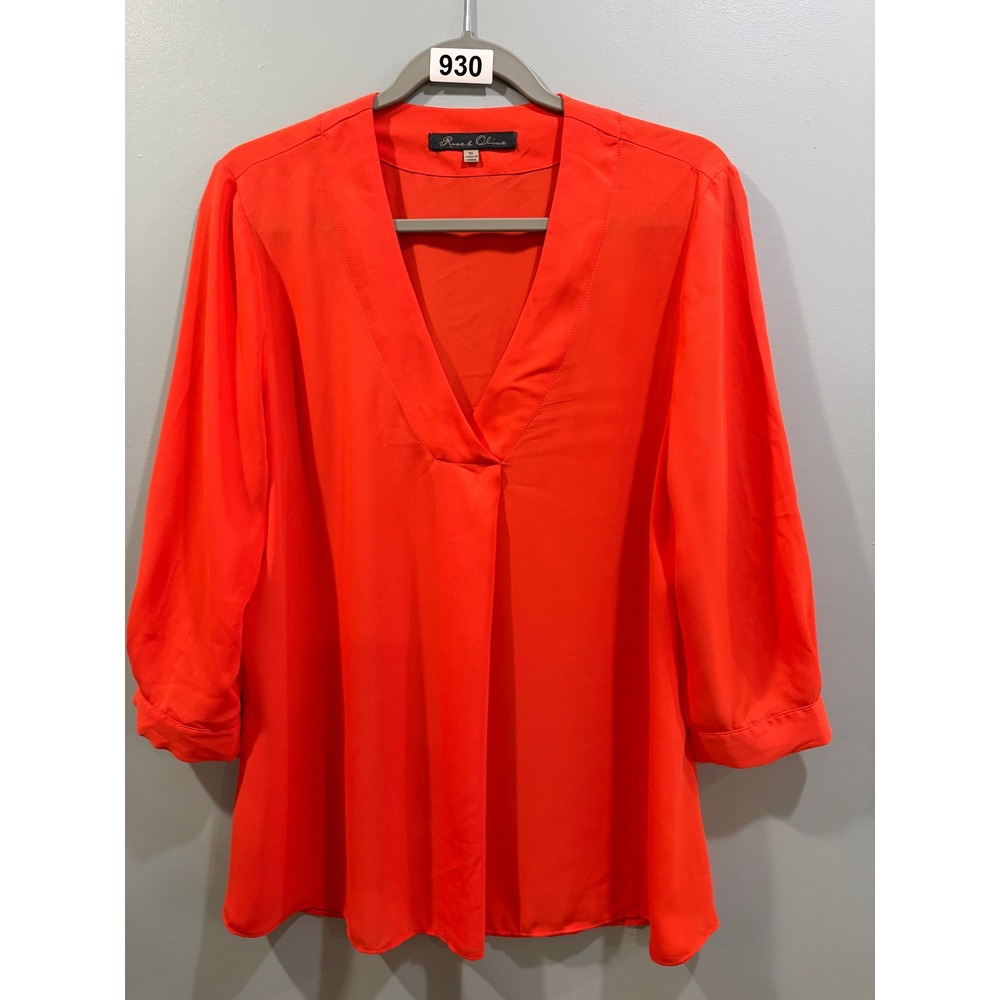 Rose & Olive Womens Neon Orange V-Neck 3/4 Sleeve Pleated Blouse Top XL